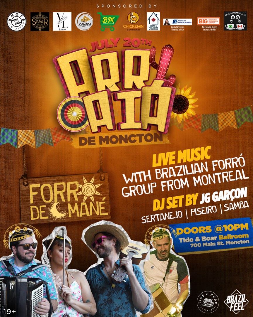 Orange Arraiá de Moncton poster advertising live forró and a DJ set by JG Garçon